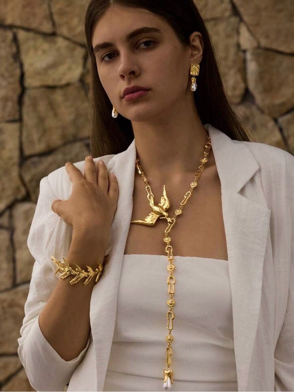 Elegant Gold Bird Lariat Necklace - 18 k Gold - Picture 7 of 7